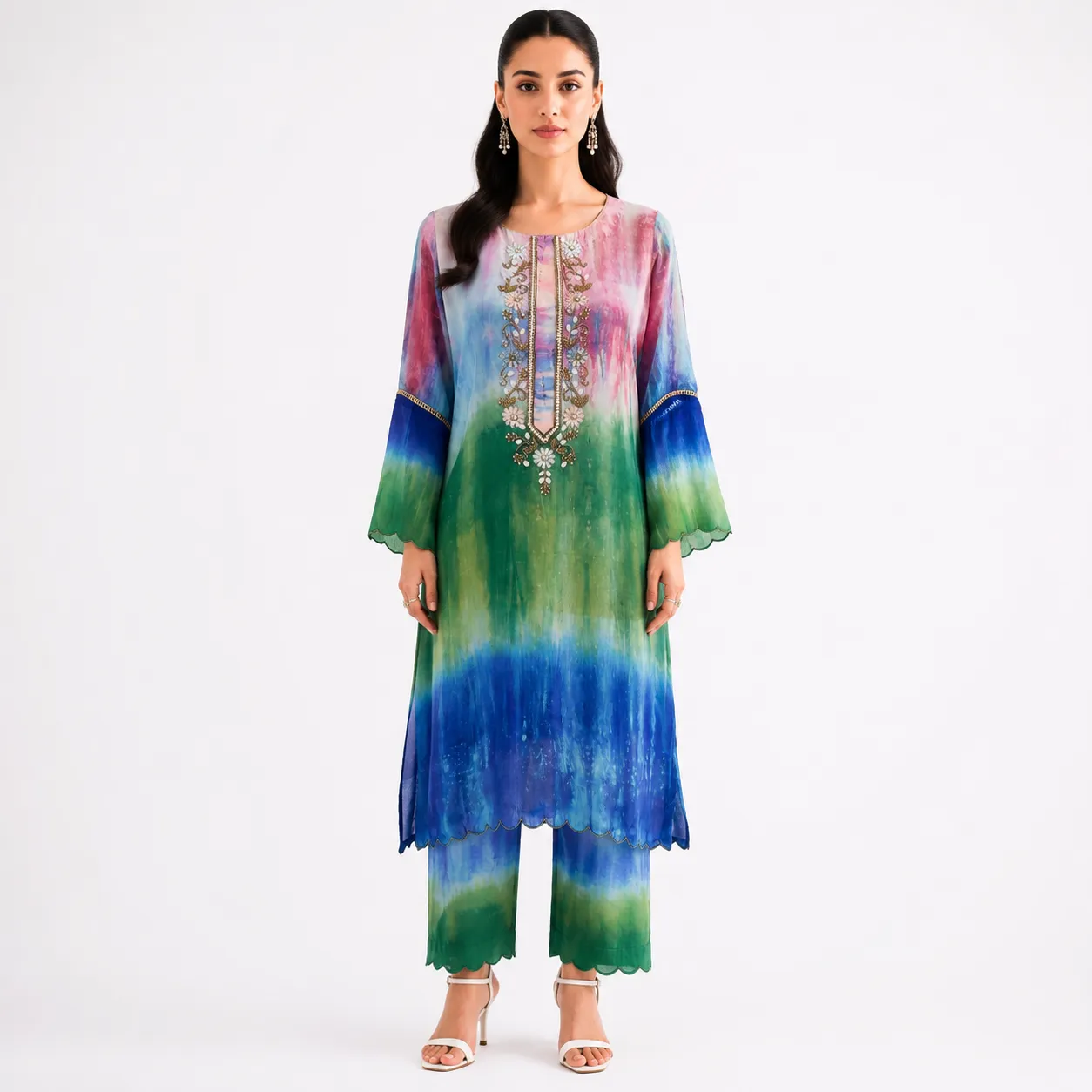 Boho Bloom Tie-Dye Embroidered Kurti Set